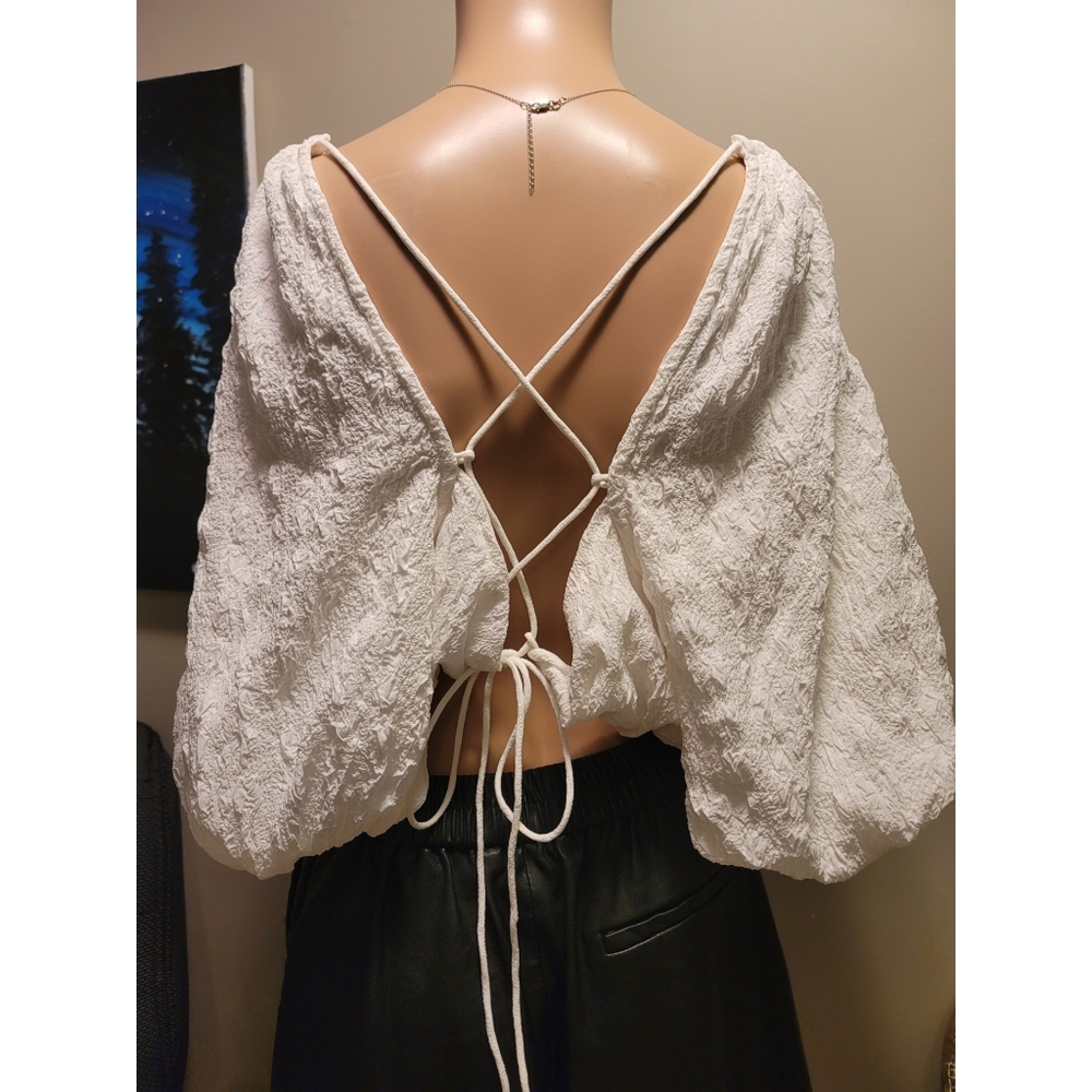 River Island White Top with Balloon Sleeves and Crisscross Back